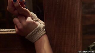 Blonde in wooden stock rough ravaged