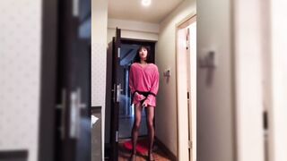 Asian Ladyboy masturbating her cock flashing it to a female, & cum