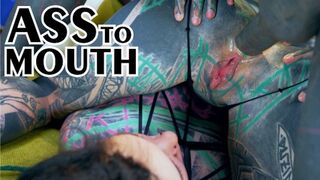 MFF TATTOO threesome, girls gape asses for inked meat - ASS TO MOUTH, gapes, (goth, punk, alt porn)