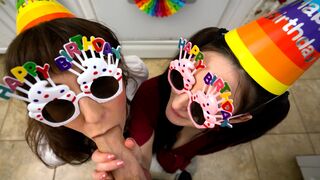 Bday blowjob party with wet MILF stepmommy & naughty teen stepsis