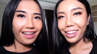 Two teen ladyboys Mos & Meme share a shaft in a sexy threesome