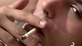 Adorable twinks stroking his skinny meat while smoking