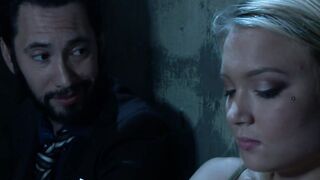 Suspended blonde deep throat banged