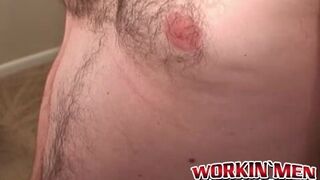 Sexy jock masturbates his prick & sprays cum after interview