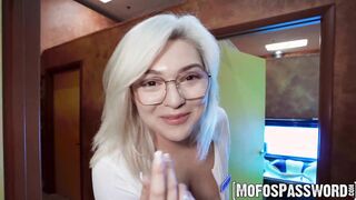 Buxxom blonde babe Adaline Star takes fucking on the leather couch