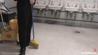 Big Boobed t-girl anal fucks cleaning man