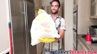 Brunette skank Demi Lowe fucks with her help in the kitchen