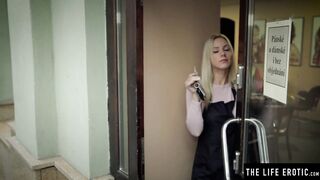 Slim & big breasted blonde Nathaly Cherie shaves her muff before fingering