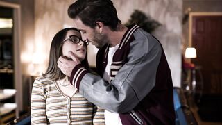 Nerdy petite teen interviews popular classmate & rides big cock