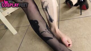 Barefoot devil cosplayer takes stockings off & teases you