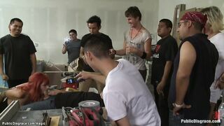 Redhead takes huge dick in butt in public