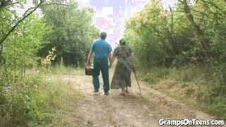 Teen ravaged in the woods by oldie prick