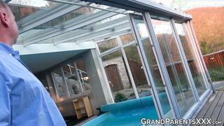 Horny grandpa has his big massive meat sucked by two hot babes