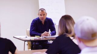 TUSHY Pretty brunettes seduce prof in ass pumping threesome