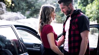 Stranded blonde MILF hitchhikes & fucks huge dick stud outdoors