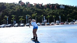 Skateboarding fail of big booty Thai MILF who fucks at home after