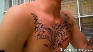 Tattoed twinks Chris Porter & Patrick Kennedy pissing & ass pumping pounding